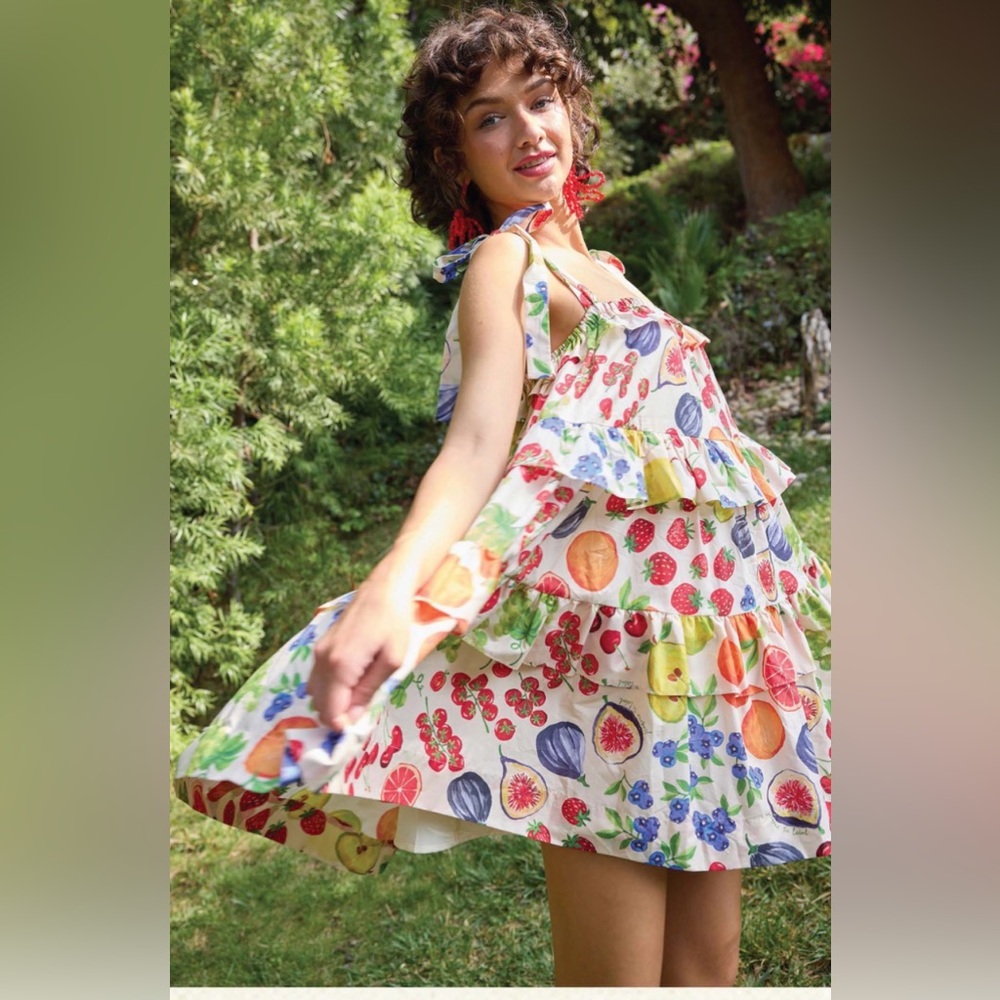 JACQUIE THE LABEL Mirabelle White Multi Fruit Print Tiered Sundress -Size S NWT - Picture 3 of 6